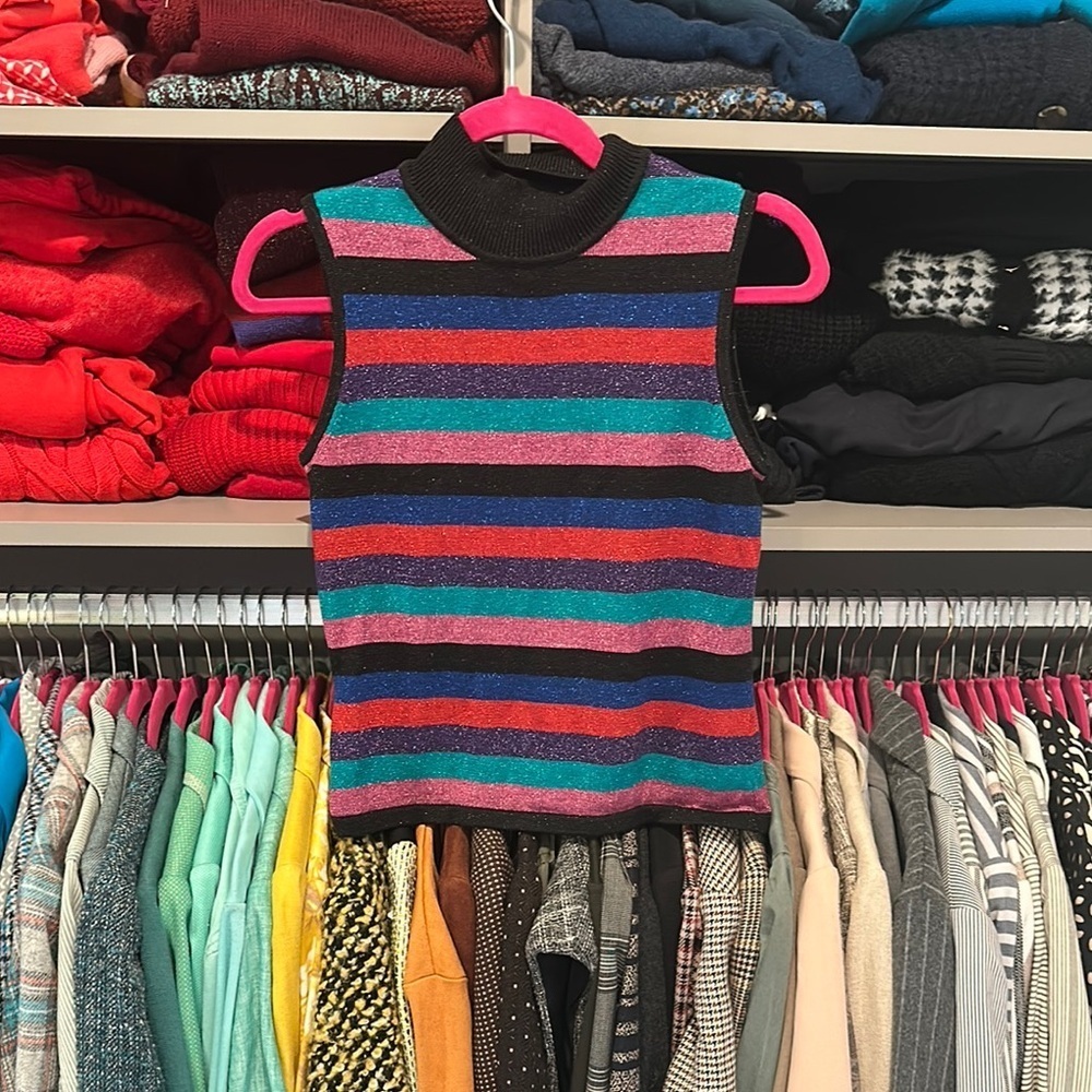 Style & Co multicolored shimmery striped mock neck sleeveless knit top size P